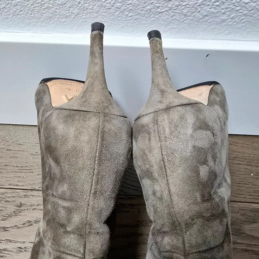 Tamara Mellon Icon 75 Knee High Nappa Suede Heeled Slouch Boot in Moss Gray
